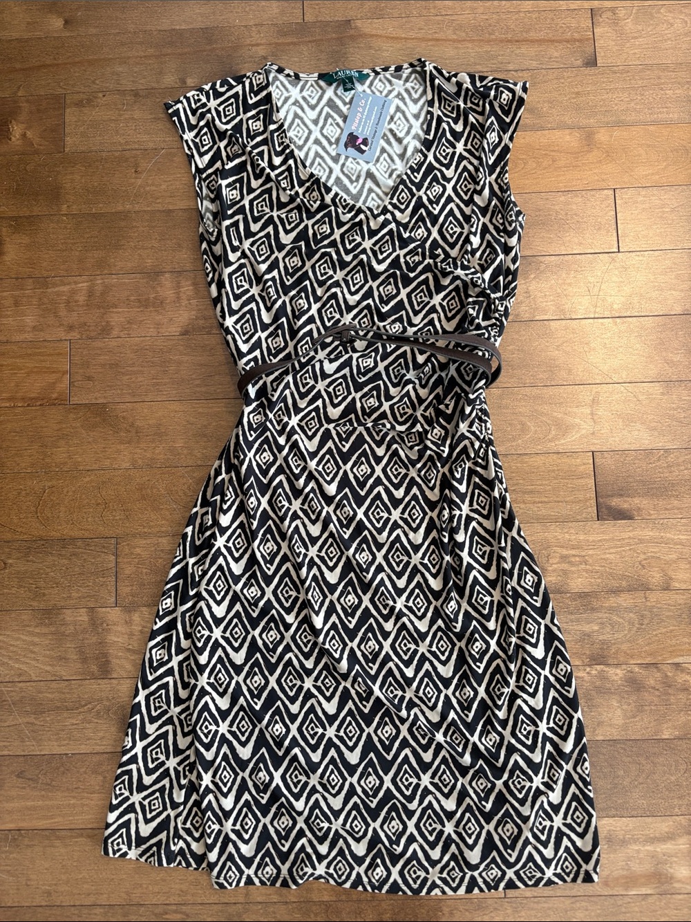 Ralph Lauren Tan & Chocolate Brown Geometric Sleeveless Midi Dress with Belt